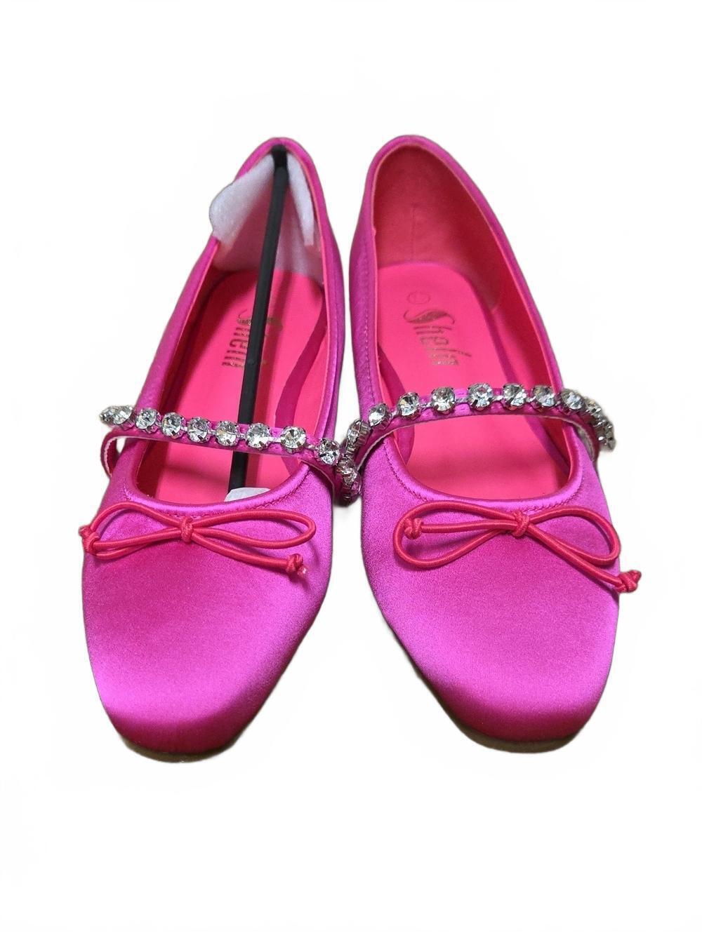 Sheln | Women's Hot Pink Satin Ballet Flats with Crystal Strap | 7.5